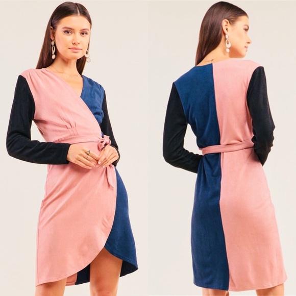 SugarLips Color Block Suede V-Neck Wrap Dress - Picture 2 of 5